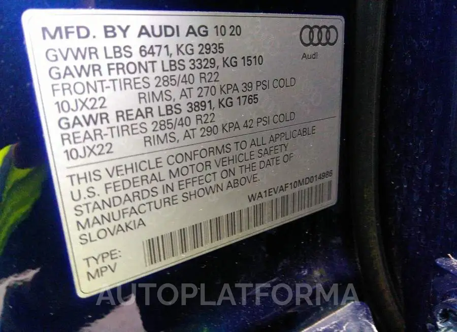 AUDI Q8 2021 vin WA1EVAF10MD014986 from auto auction Iaai