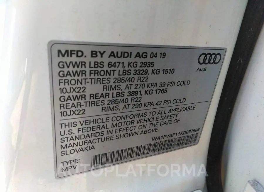 AUDI Q8 2019 vin WA1FVAF11KD037906 from auto auction Iaai