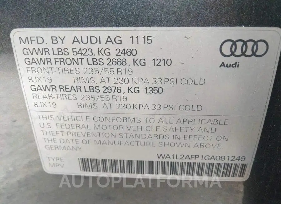 AUDI Q5 2016 vin WA1L2AFP1GA081249 from auto auction Iaai