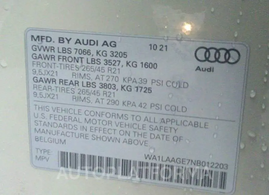 AUDI E-TRON 2022 vin WA1LAAGE7NB012203 from auto auction Iaai