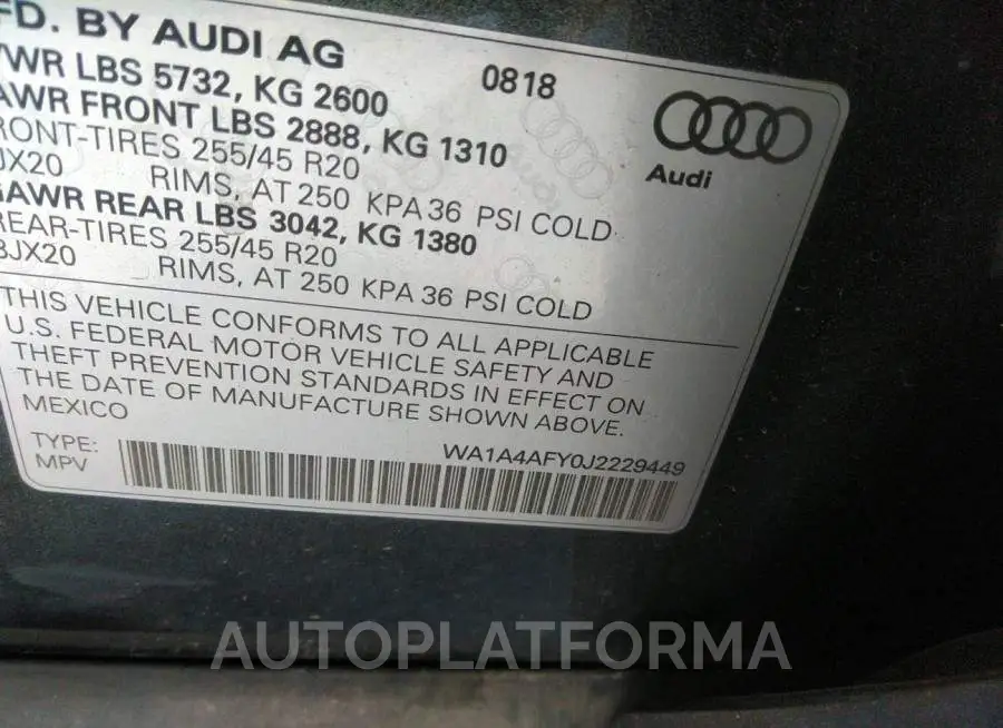 AUDI SQ5 2018 vin WA1A4AFY0J2229449 from auto auction Iaai