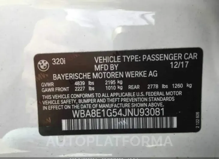 BMW 3 SERIES 2018 vin WBA8E1G54JNU93081 from auto auction Iaai