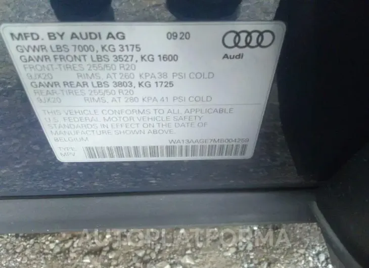 AUDI E-TRON 2021 vin WA13AAGE7MB004259 from auto auction Iaai