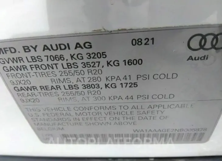 AUDI E-TRON 2022 vin WA1AAAGE2NB005828 from auto auction Iaai