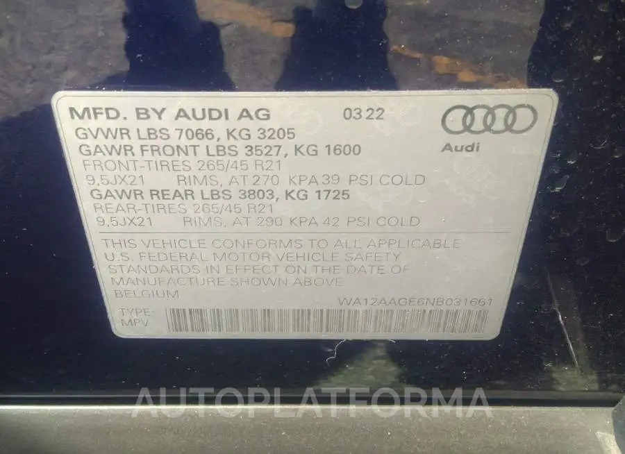 AUDI E-TRON SPORTBACK 2022 vin WA12AAGE6NB031661 from auto auction Iaai