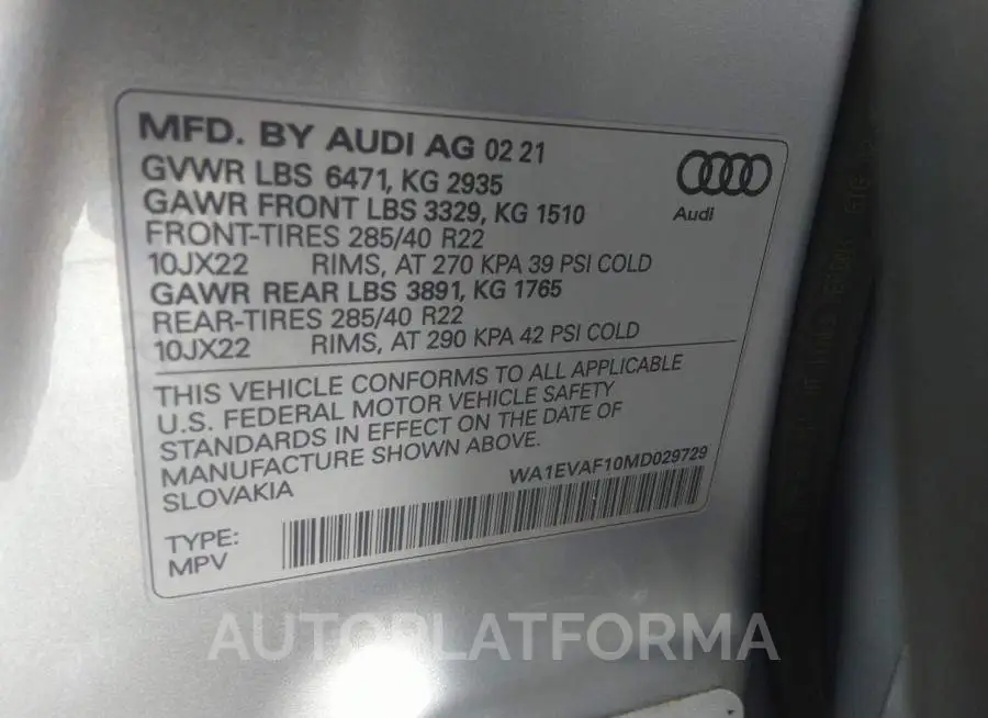 AUDI Q8 2021 vin WA1EVAF10MD029729 from auto auction Iaai