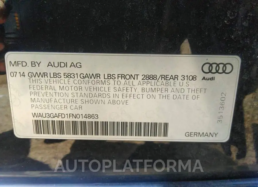 AUDI A8 L 2015 vin WAU3GAFD1FN014863 from auto auction Iaai