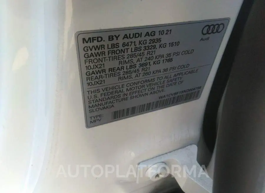 AUDI Q8 2022 vin WA1CVBF15ND006798 from auto auction Iaai