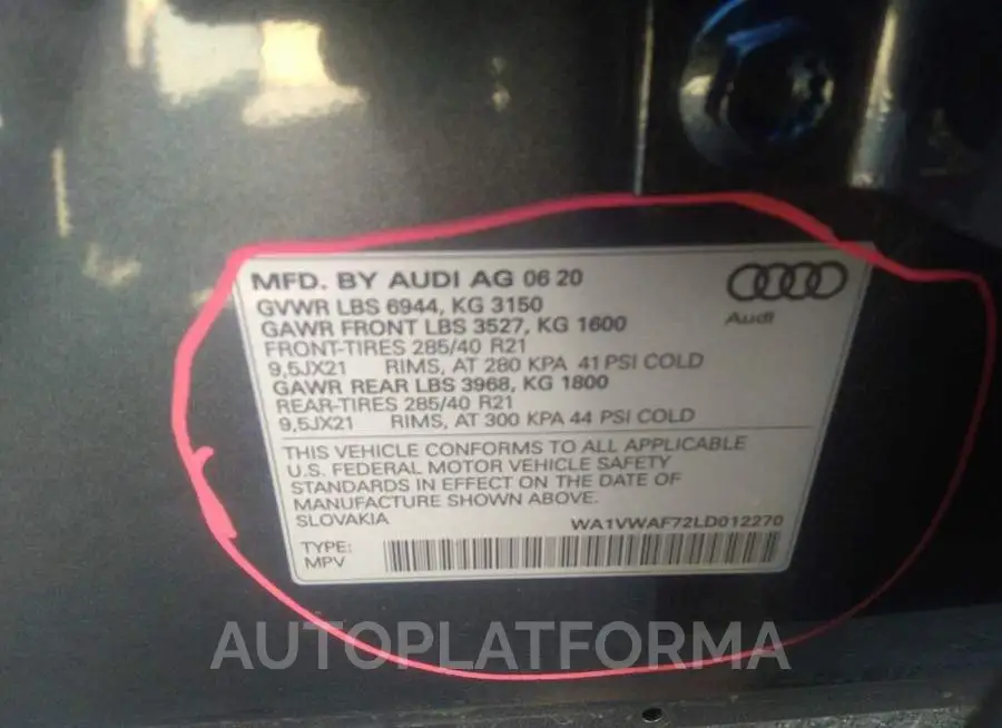 AUDI SQ7 2020 vin WA1VWAF72LD012270 from auto auction Iaai