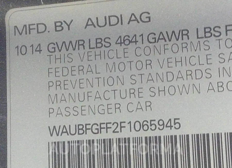 AUDI S3/A3 2015 vin WAUBFGFF2F1065945 from auto auction Iaai