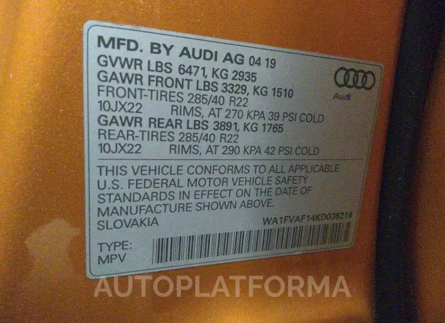 AUDI Q8 2019 vin WA1FVAF14KD036216 from auto auction Iaai