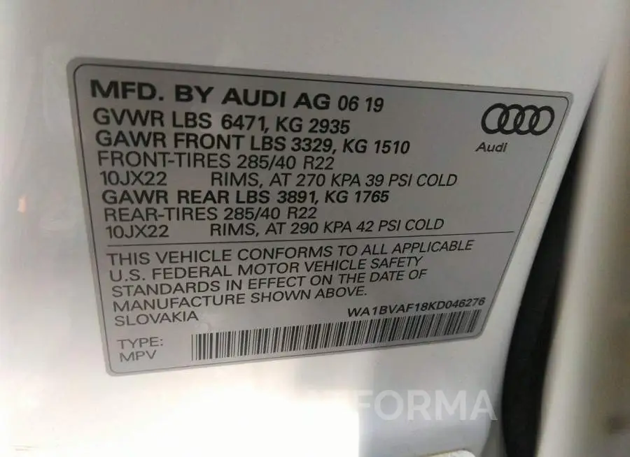 AUDI Q8 2019 vin WA1BVAF18KD046276 from auto auction Iaai