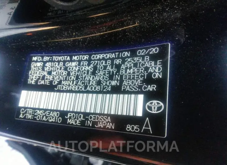 TOYOTA MIRAI 2020 vin JTDBVRBD5LA008124 from auto auction Iaai