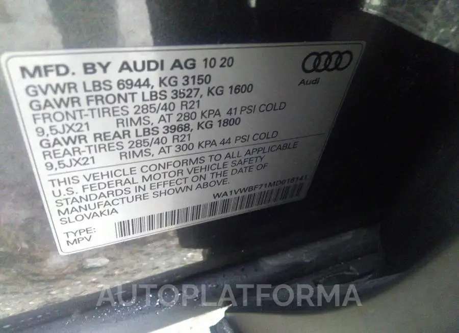 AUDI SQ7 2021 vin WA1VWBF71MD016141 from auto auction Iaai