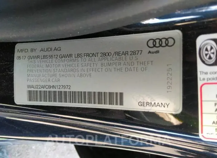 AUDI A7 2017 vin WAU22AFC6HN127972 from auto auction Iaai