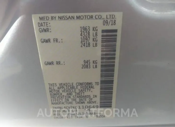 NISSAN ALTIMA 2019 vin 1N4BL4CV2KC110649 from auto auction Iaai