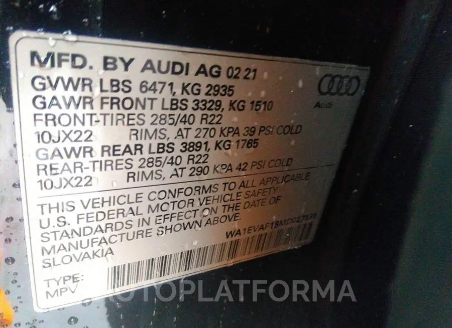 AUDI Q8 2021 vin WA1EVAF18MD027131 from auto auction Iaai