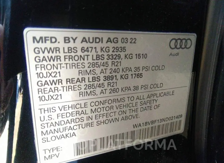 AUDI Q8 2022 vin WA1BVBF13ND021408 from auto auction Iaai