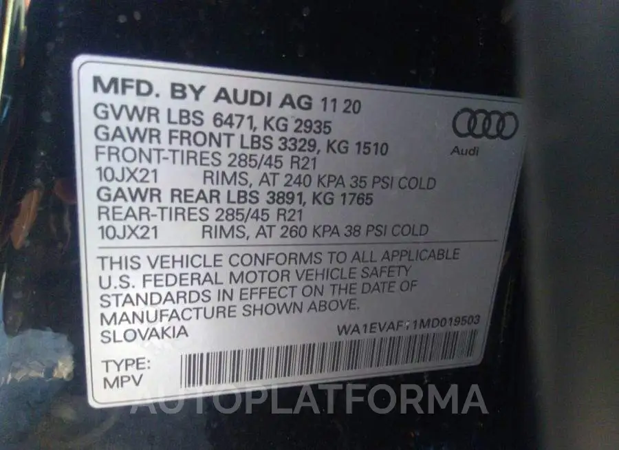 AUDI Q8 2021 vin WA1EVAF11MD019503 from auto auction Iaai