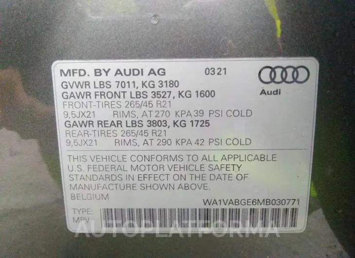 AUDI E-TRON 2021 vin WA1VABGE6MB030771 from auto auction Iaai