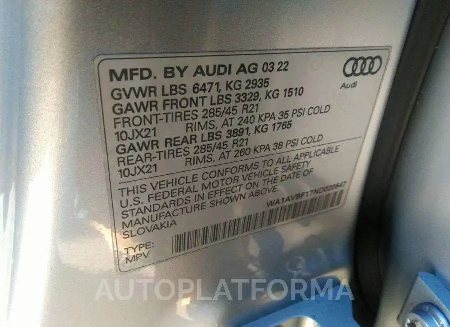 AUDI Q8 2022 vin WA1AVBF17ND020547 from auto auction Iaai