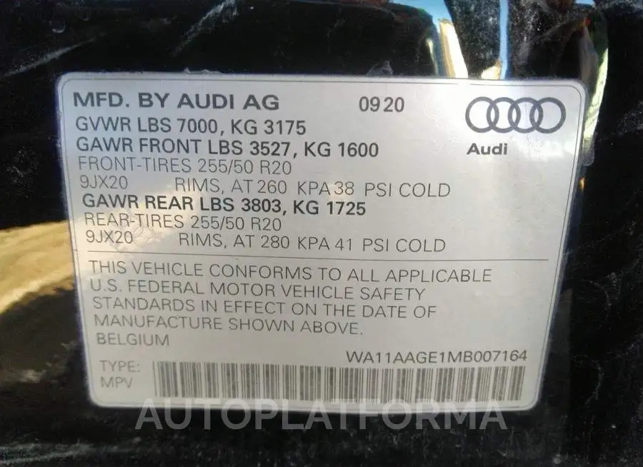 AUDI E-TRON SPORTBACK 2021 vin WA11AAGE1MB007164 from auto auction Iaai