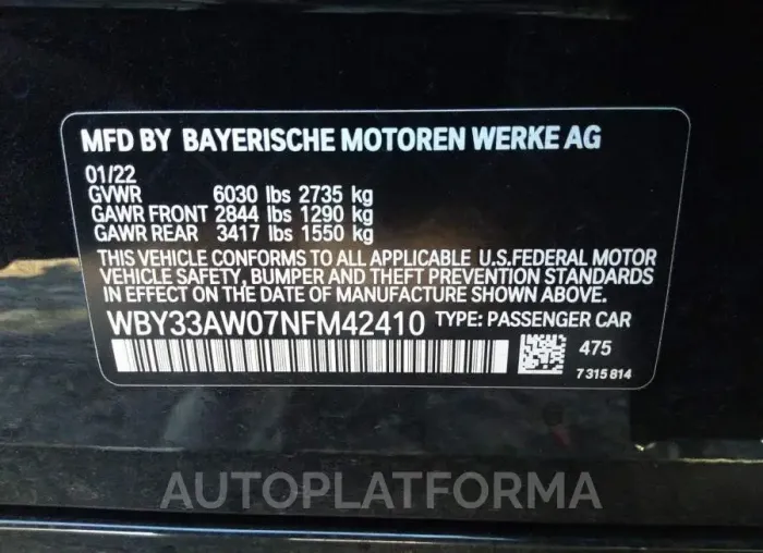 BMW I4 2022 vin WBY33AW07NFM42410 from auto auction Iaai