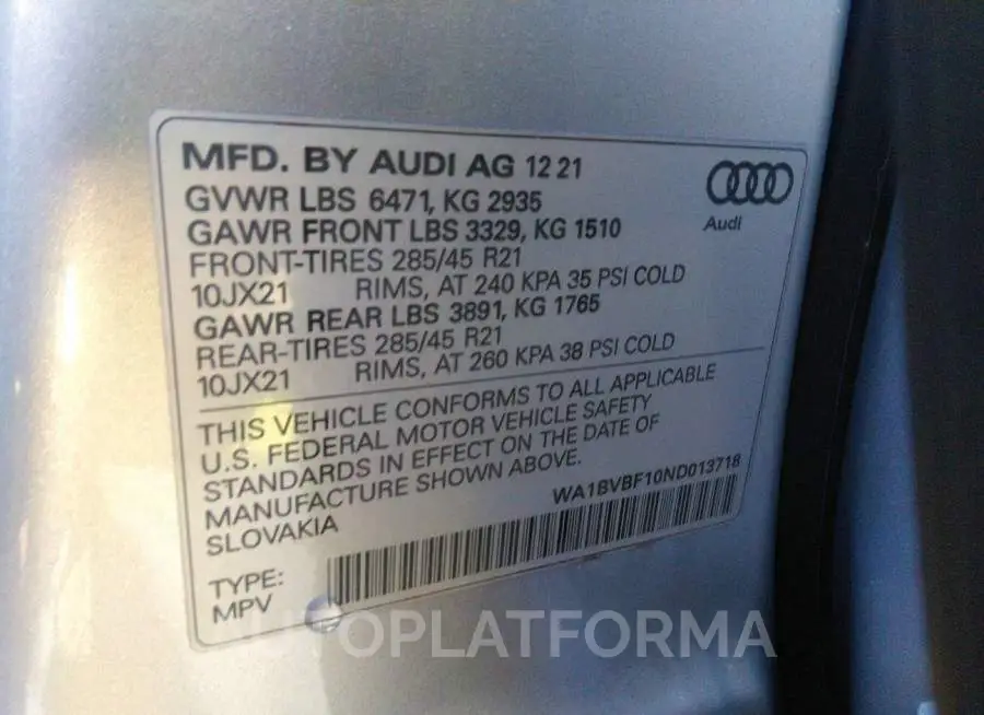 AUDI Q8 2022 vin WA1BVBF10ND013718 from auto auction Iaai