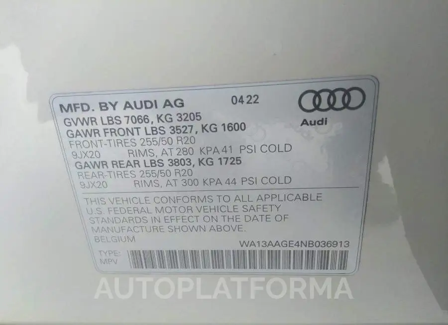 AUDI E-TRON SPORTBACK 2022 vin WA13AAGE4NB036913 from auto auction Iaai