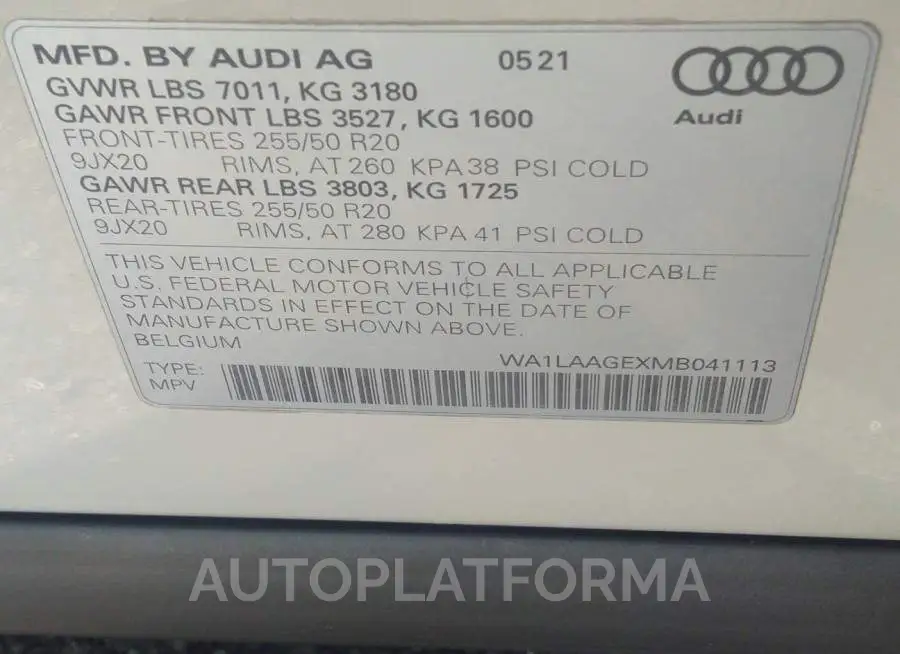 AUDI E-TRON 2021 vin WA1LAAGEXMB041113 from auto auction Iaai