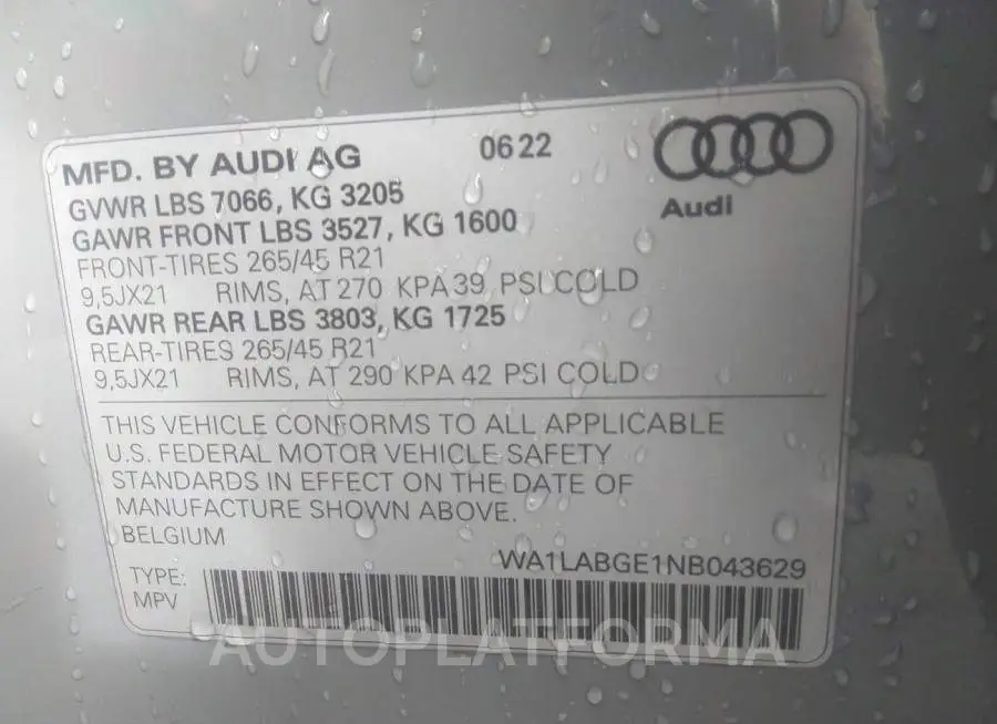 AUDI E-TRON 2022 vin WA1LABGE1NB043629 from auto auction Iaai