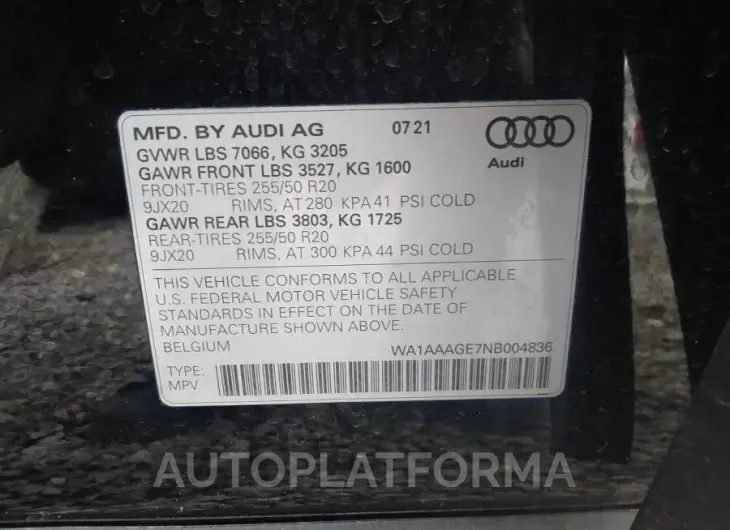 AUDI E-TRON 2022 vin WA1AAAGE7NB004836 from auto auction Iaai