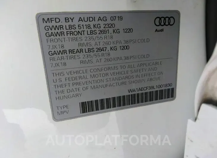 AUDI Q3 2020 vin WA1AECF39L1001830 from auto auction Iaai