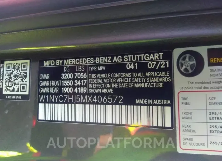 MERCEDES-BENZ G-CLASS 2021 vin W1NYC7HJ5MX406572 from auto auction Iaai