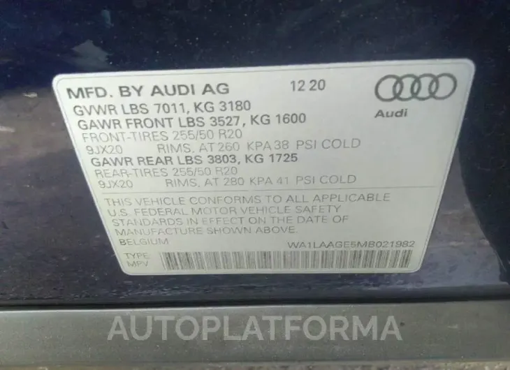 AUDI E-TRON 2021 vin WA1LAAGE5MB021982 from auto auction Iaai