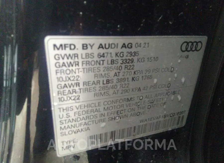 AUDI Q8 2021 vin WA1EVAF15MD036207 from auto auction Iaai