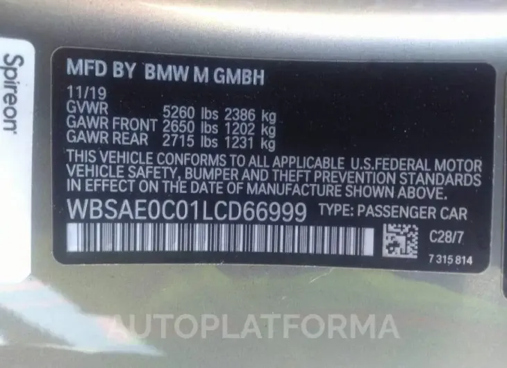 BMW M8 2020 vin WBSAE0C01LCD66999 from auto auction Iaai