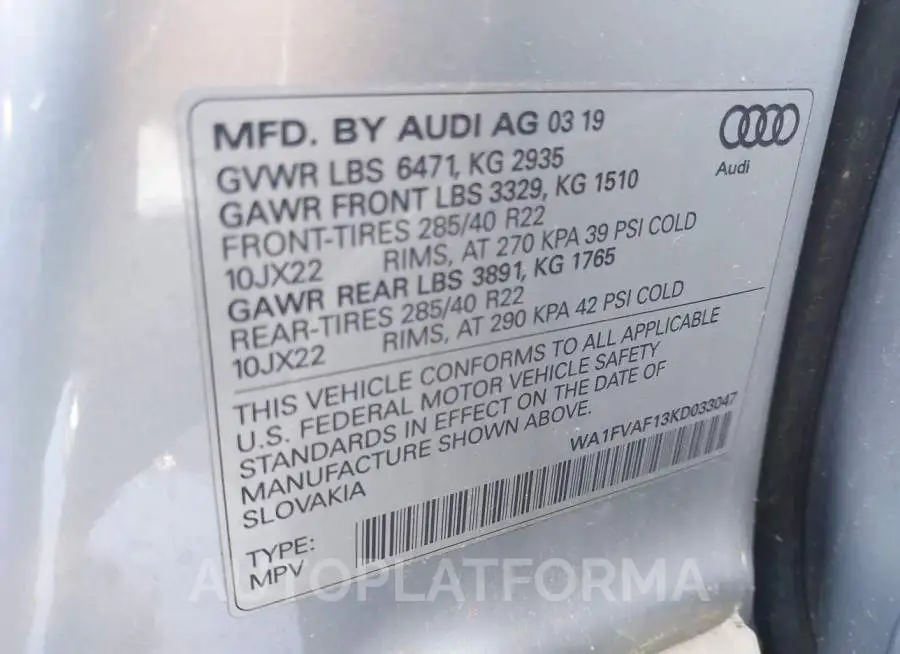 AUDI Q8 2019 vin WA1FVAF13KD033047 from auto auction Iaai