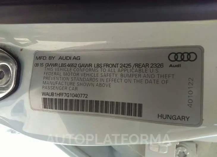 AUDI S3 2016 vin WAUB1HFF7G1040772 from auto auction Iaai