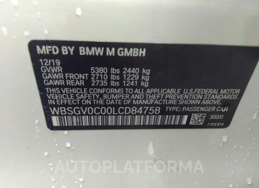 BMW M8 2020 vin WBSGV0C00LCD84758 from auto auction Iaai