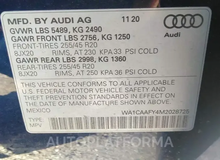 AUDI Q5 2021 vin WA1CAAFY4M2028725 from auto auction Iaai