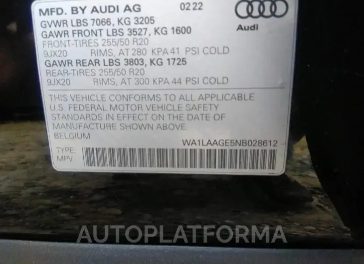 AUDI E-TRON 2022 vin WA1LAAGE5NB028612 from auto auction Iaai