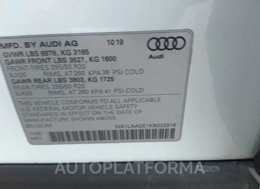 AUDI E-TRON 2019 vin WA1LAAGE1KB022916 from auto auction Iaai