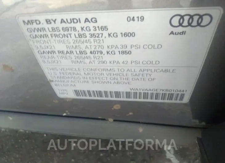 AUDI E-TRON 2019 vin WA1VAAGE7KB010441 from auto auction Iaai