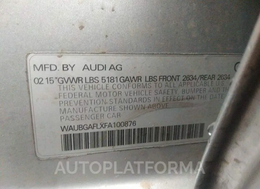 AUDI S4 2015 vin WAUBGAFLXFA100876 from auto auction Iaai