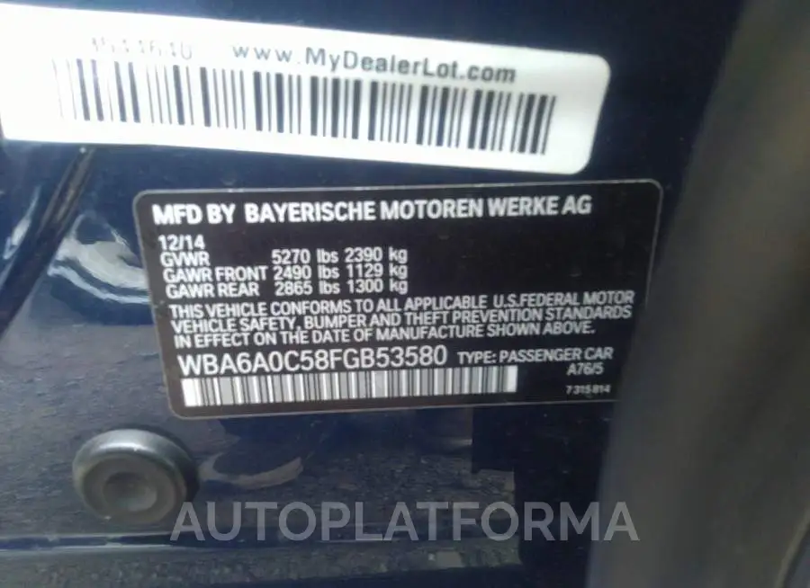 BMW 6 SERIES 2015 vin WBA6A0C58FGB53580 from auto auction Iaai