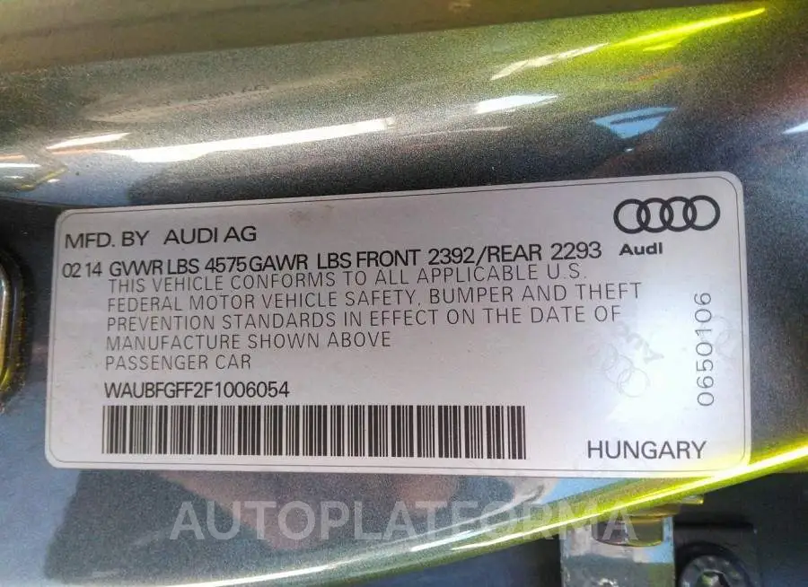 AUDI S3/A3 2015 vin WAUBFGFF2F1006054 from auto auction Iaai