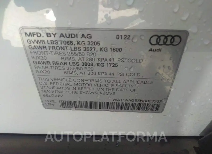 AUDI E-TRON SPORTBACK 2022 vin WA11AAGE5NB023367 from auto auction Iaai