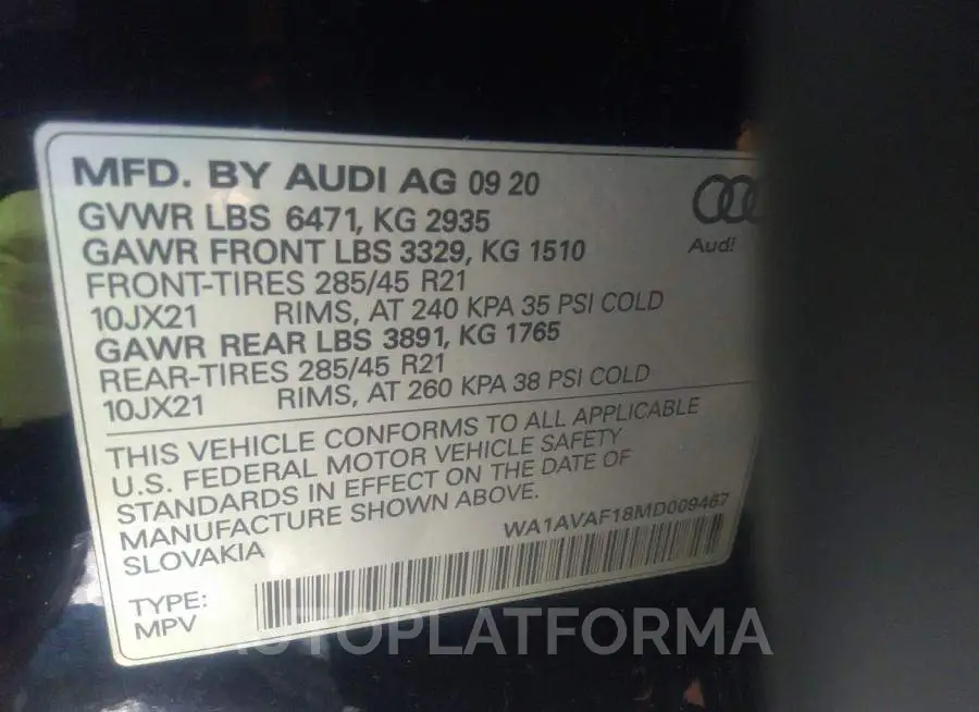 AUDI Q8 2021 vin WA1AVAF18MD009467 from auto auction Iaai