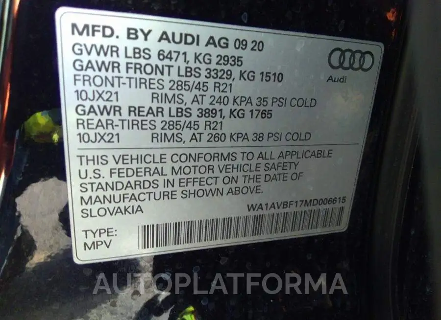 AUDI Q8 2021 vin WA1AVBF17MD006615 from auto auction Iaai